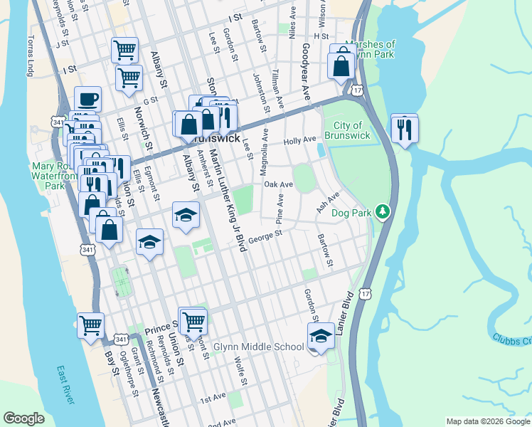 map of restaurants, bars, coffee shops, grocery stores, and more near 1206 Magnolia Avenue in Brunswick