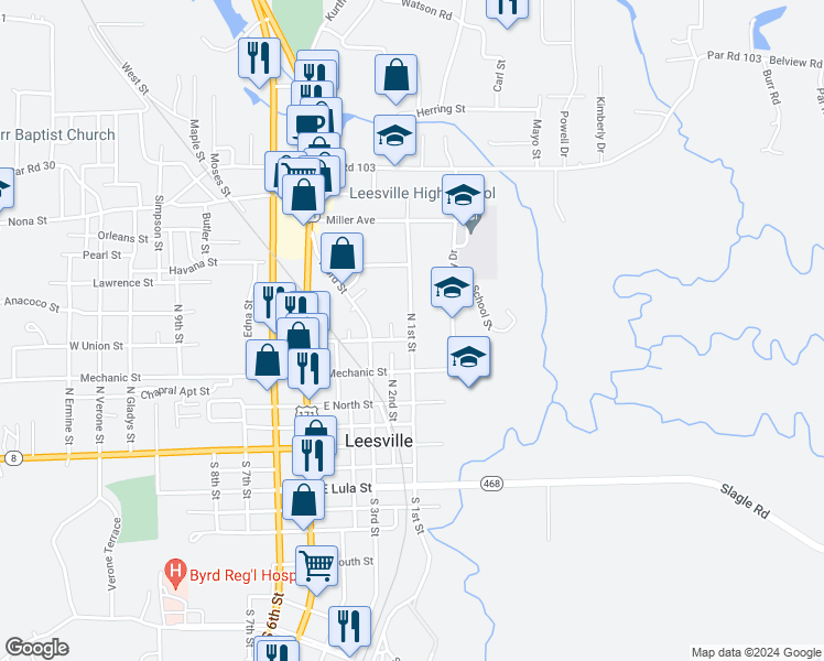 map of restaurants, bars, coffee shops, grocery stores, and more near 510 North 1st Street in Leesville