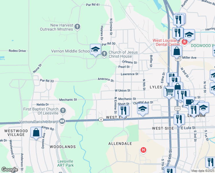 map of restaurants, bars, coffee shops, grocery stores, and more near 100 Logan Lane in Leesville