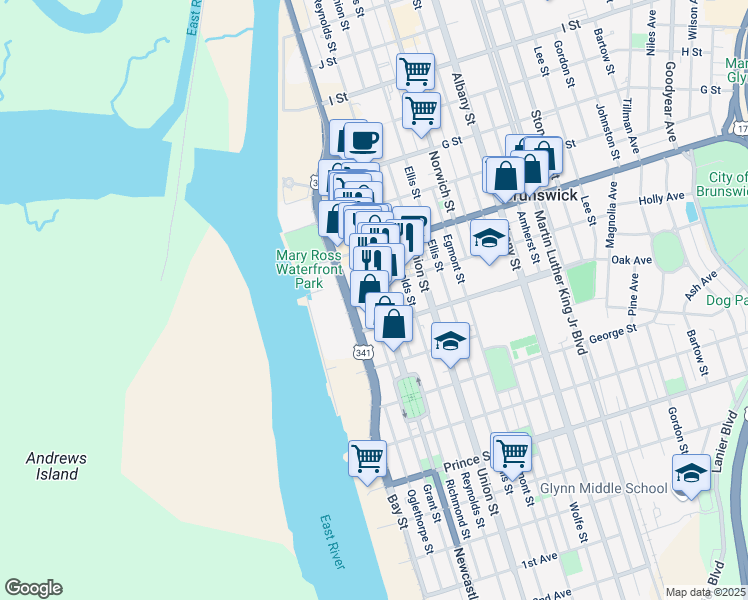 map of restaurants, bars, coffee shops, grocery stores, and more near 1329 Newcastle St in Brunswick