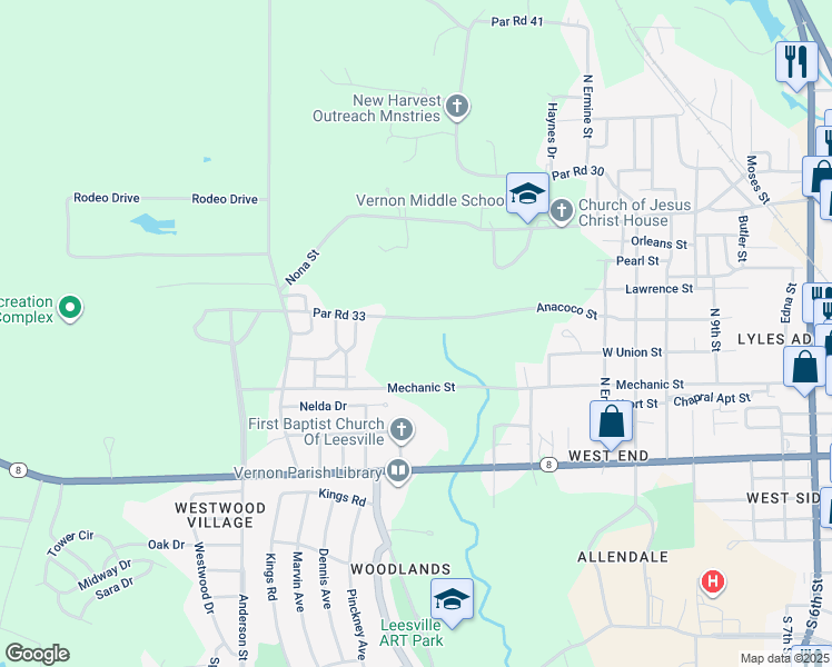 map of restaurants, bars, coffee shops, grocery stores, and more near 1395 Anacoco Street in Leesville