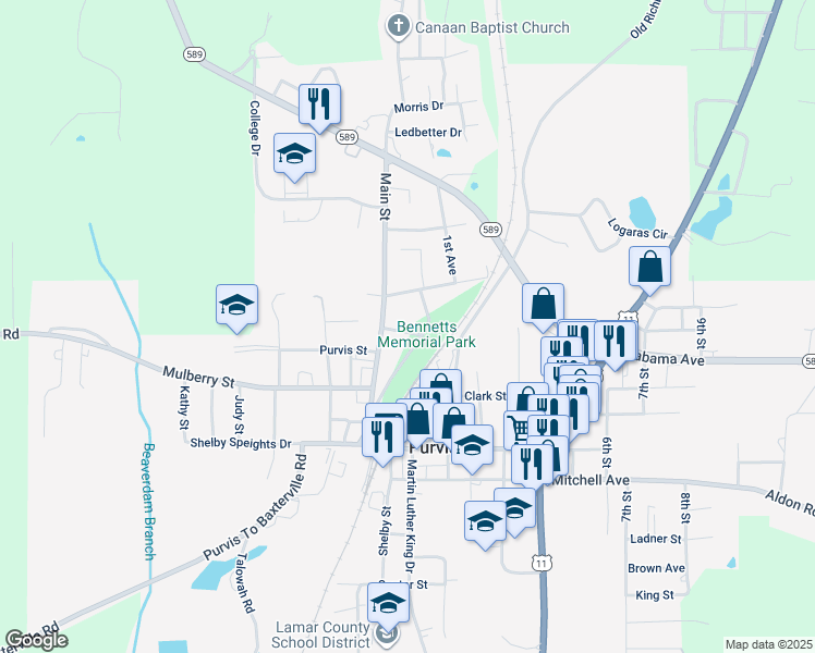 map of restaurants, bars, coffee shops, grocery stores, and more near 105 East Street in Purvis