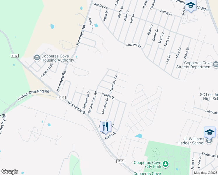 map of restaurants, bars, coffee shops, grocery stores, and more near 304 Sorrell Drive in Copperas Cove