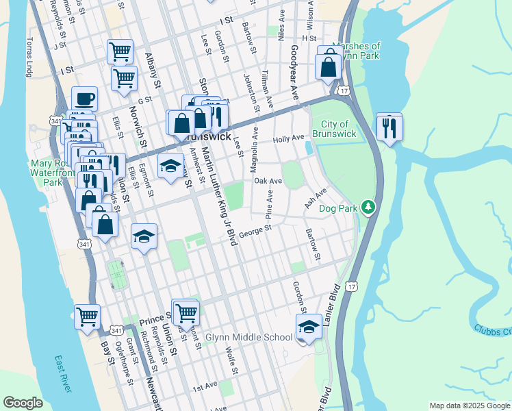 map of restaurants, bars, coffee shops, grocery stores, and more near 1206 Magnolia Avenue in Brunswick