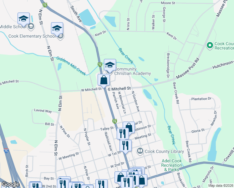 map of restaurants, bars, coffee shops, grocery stores, and more near 1004 North Parrish Avenue in Adel