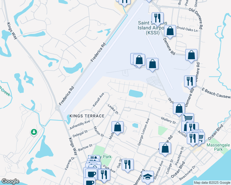 map of restaurants, bars, coffee shops, grocery stores, and more near 321 Sand Castle Lane in St. Simons Island