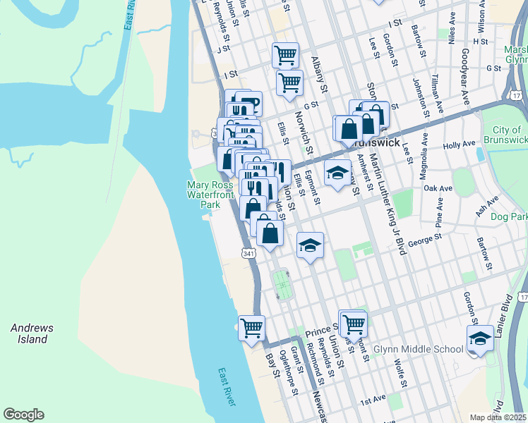 map of restaurants, bars, coffee shops, grocery stores, and more near 1329 Newcastle St in Brunswick