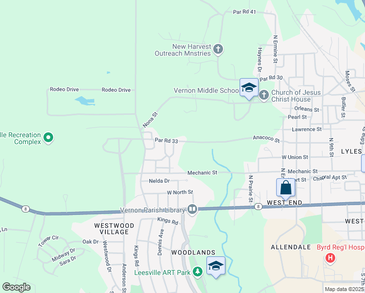 map of restaurants, bars, coffee shops, grocery stores, and more near 1535 Anacoco Street in Leesville