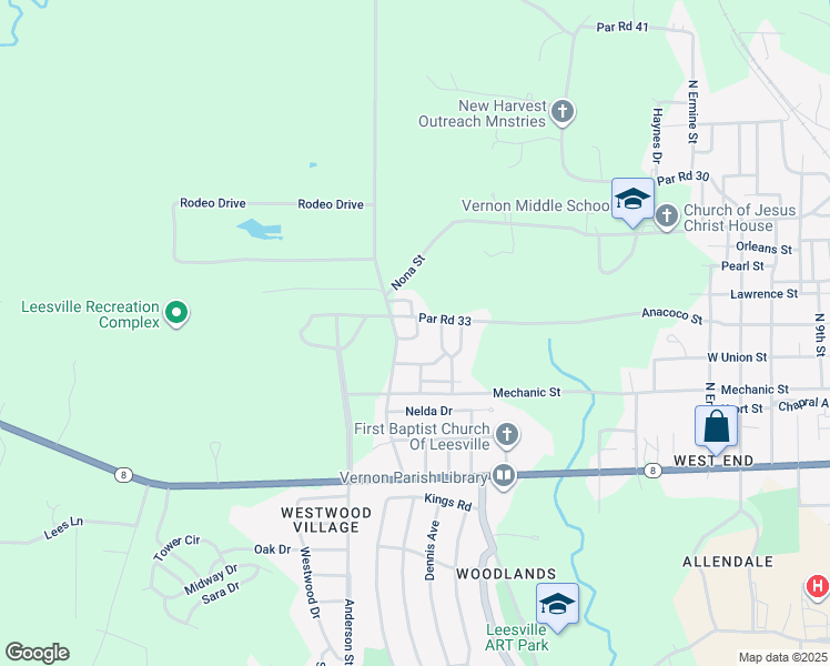 map of restaurants, bars, coffee shops, grocery stores, and more near 131 Winco Boulevard in Leesville