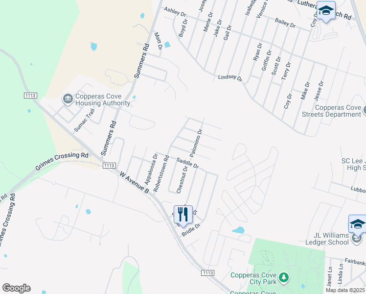 map of restaurants, bars, coffee shops, grocery stores, and more near 304 Sorrell Drive in Copperas Cove