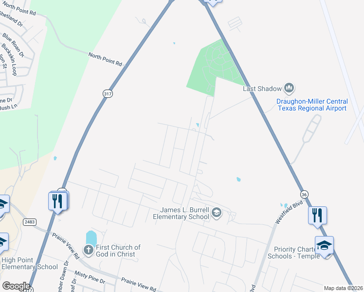 map of restaurants, bars, coffee shops, grocery stores, and more near 2909 North Pea Ridge Road in Temple