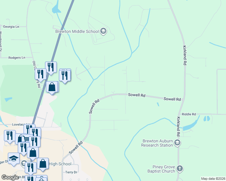 map of restaurants, bars, coffee shops, grocery stores, and more near 2701-3227 Sowell Rd in Brewton
