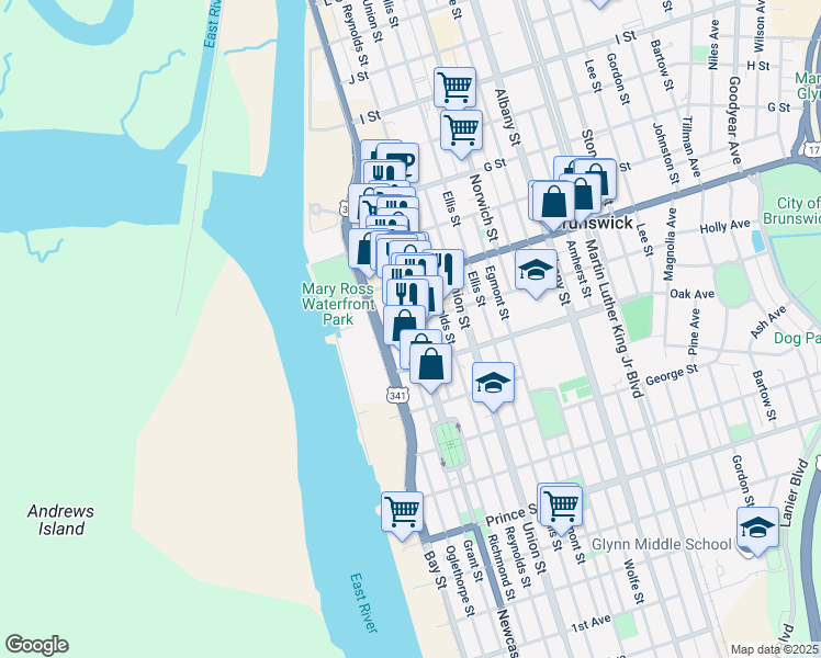 map of restaurants, bars, coffee shops, grocery stores, and more near 1329 Newcastle St in Brunswick