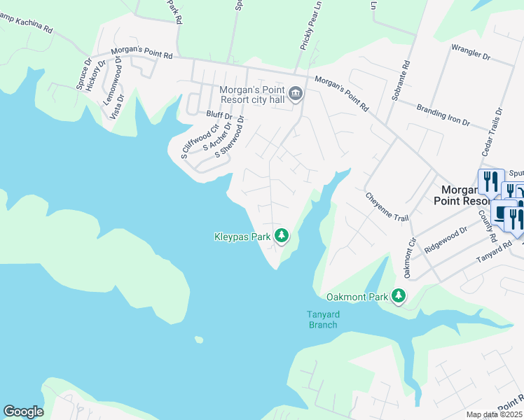map of restaurants, bars, coffee shops, grocery stores, and more near 1 Commodore Drive in Morgan's Point Resort