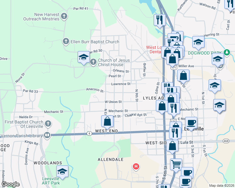 map of restaurants, bars, coffee shops, grocery stores, and more near 707 Anacoco Street in Leesville