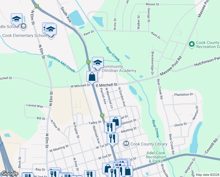 map of restaurants, bars, coffee shops, grocery stores, and more near 1004 North Parrish Avenue in Adel