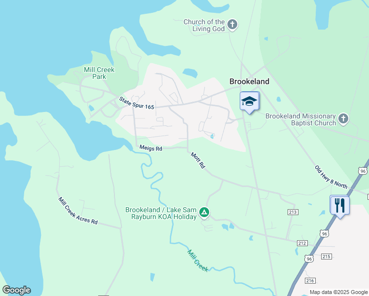 map of restaurants, bars, coffee shops, grocery stores, and more near Mott Road in Brookeland