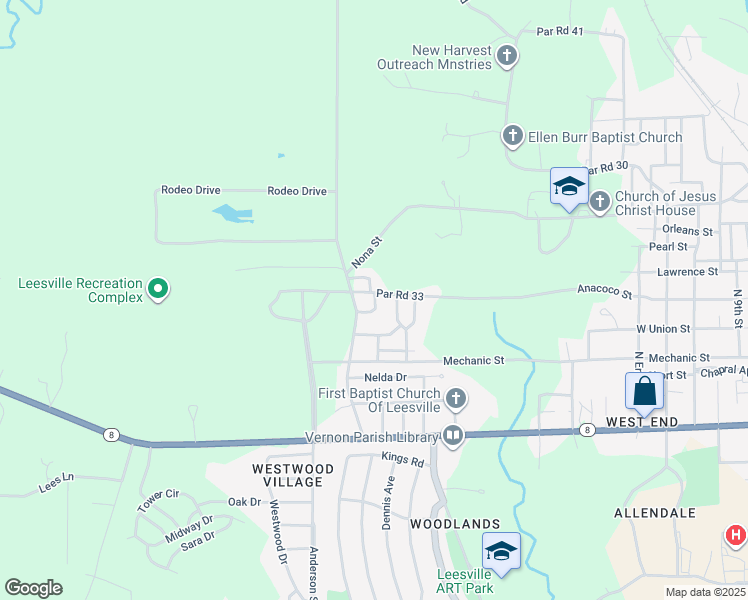 map of restaurants, bars, coffee shops, grocery stores, and more near 131 Winco Boulevard in Leesville