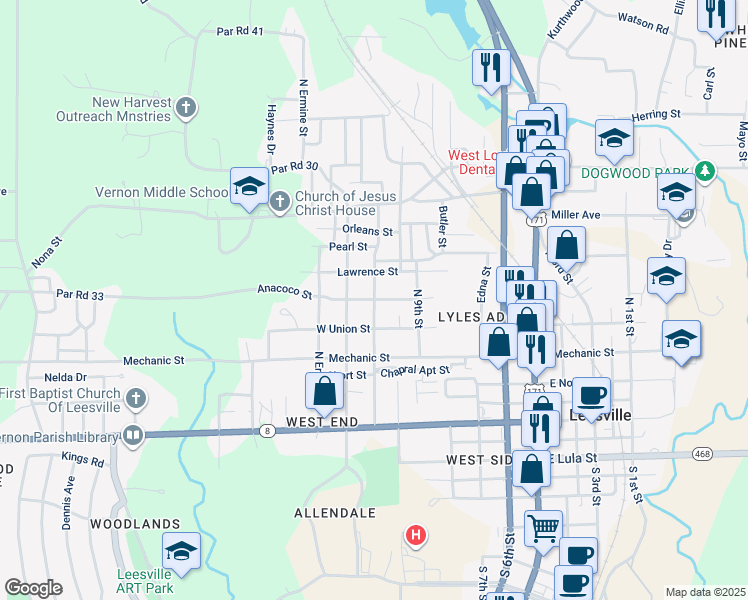 map of restaurants, bars, coffee shops, grocery stores, and more near North Gladys Street in Leesville
