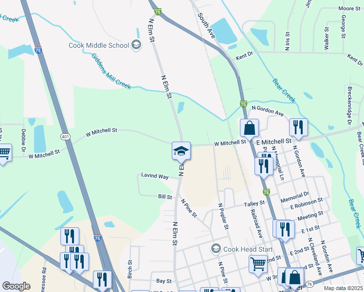 map of restaurants, bars, coffee shops, grocery stores, and more near 1008 North Elm Street in Adel