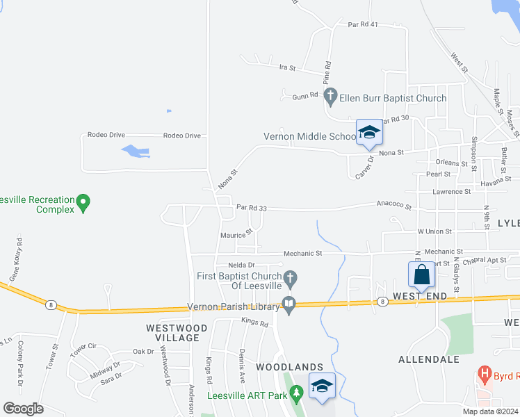 map of restaurants, bars, coffee shops, grocery stores, and more near 647 Anacoco Street in Leesville