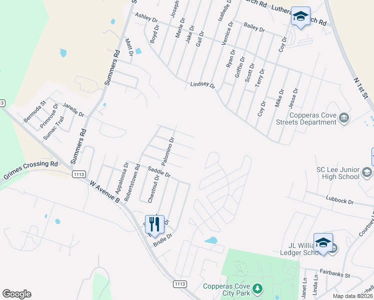 map of restaurants, bars, coffee shops, grocery stores, and more near 201 Bronc Drive in Copperas Cove
