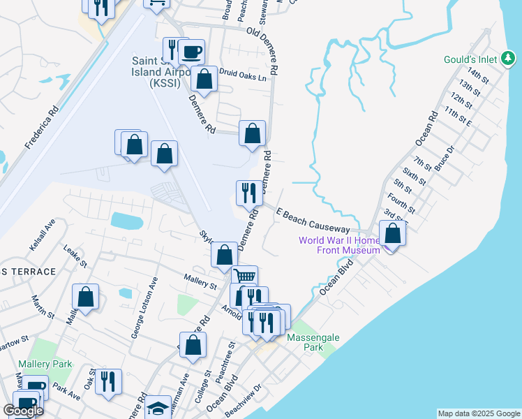 map of restaurants, bars, coffee shops, grocery stores, and more near 24 Tilton Lane in St. Simons