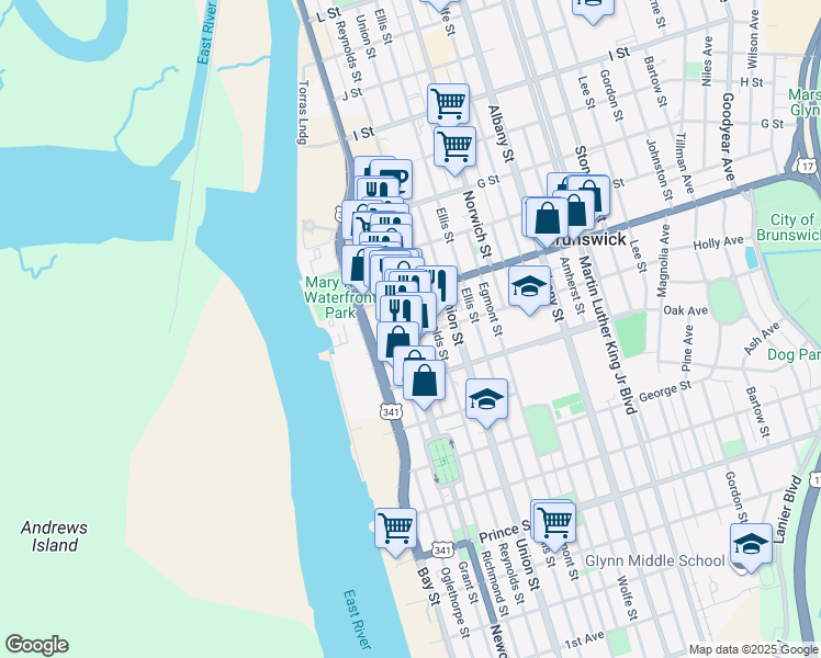map of restaurants, bars, coffee shops, grocery stores, and more near 1329 Newcastle St in Brunswick