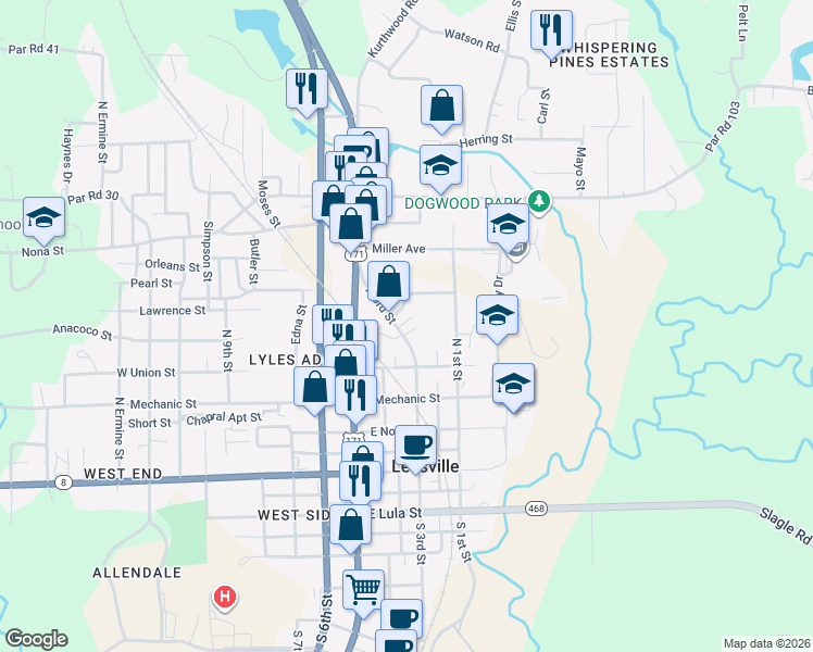 map of restaurants, bars, coffee shops, grocery stores, and more near 100-124 Allen Avenue in Leesville