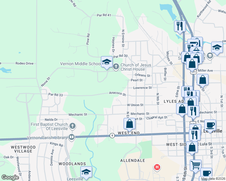 map of restaurants, bars, coffee shops, grocery stores, and more near 998 Lawrence Street in Leesville