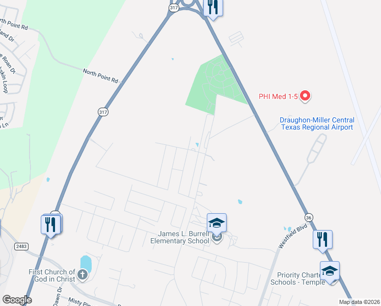 map of restaurants, bars, coffee shops, grocery stores, and more near 2909 North Pea Ridge Road in Temple