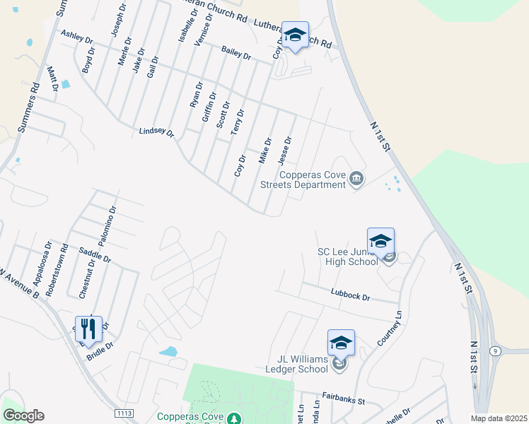 map of restaurants, bars, coffee shops, grocery stores, and more near 1812 Jesse Drive in Copperas Cove