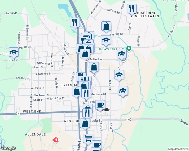 map of restaurants, bars, coffee shops, grocery stores, and more near 124 Allen Avenue in Leesville