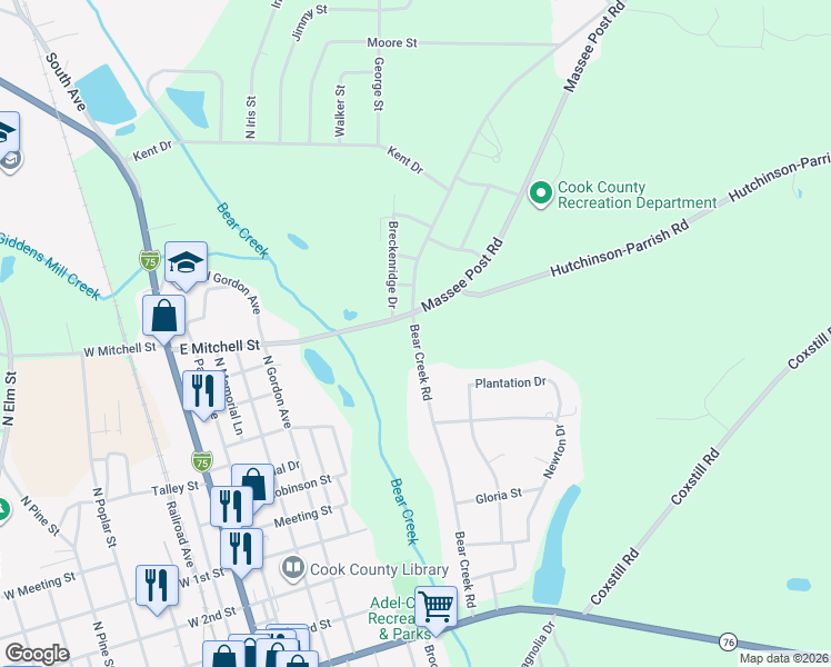 map of restaurants, bars, coffee shops, grocery stores, and more near 516 Mitchell Street in Adel