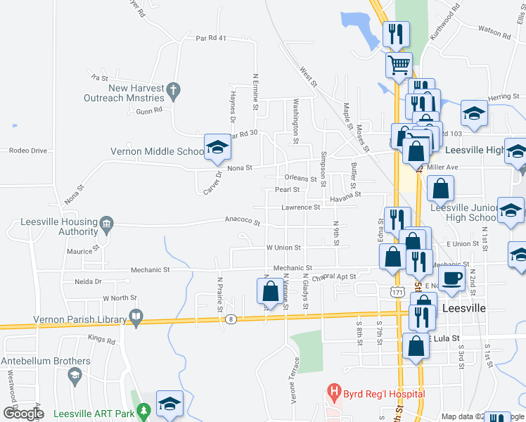 map of restaurants, bars, coffee shops, grocery stores, and more near 611 North Ermine Street in Leesville