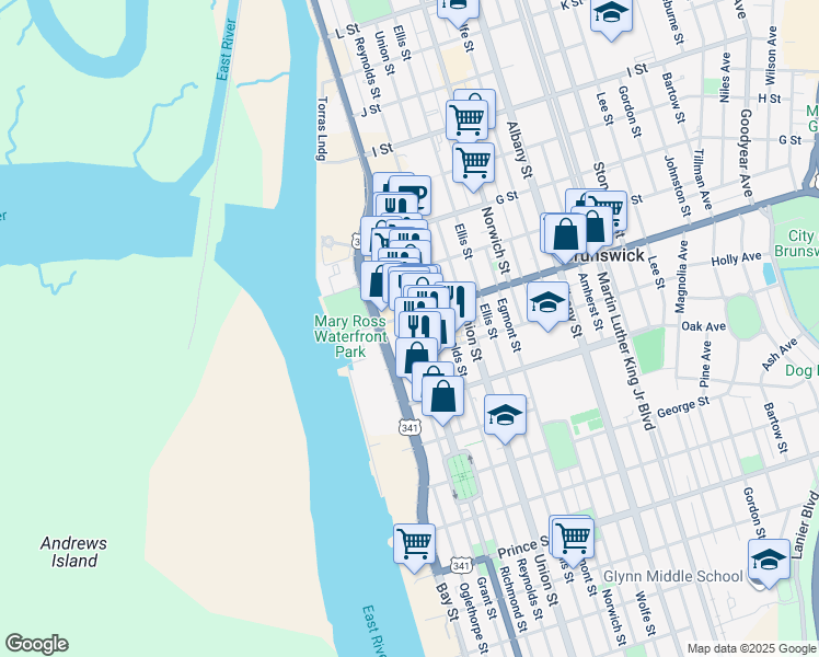 map of restaurants, bars, coffee shops, grocery stores, and more near 400 Gloucester Street in Brunswick