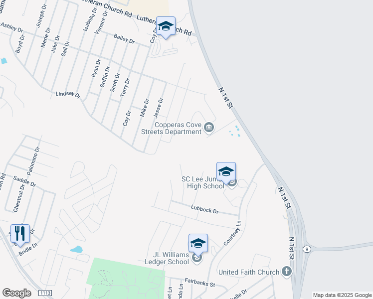 map of restaurants, bars, coffee shops, grocery stores, and more near 1625 Farm to Market Road 116 in Copperas Cove