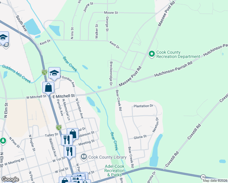 map of restaurants, bars, coffee shops, grocery stores, and more near 516 East Mitchell Street in Adel
