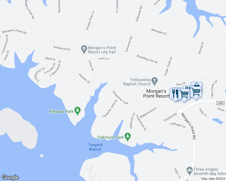 map of restaurants, bars, coffee shops, grocery stores, and more near 27 Cheyenne Trail in Morgan's Point Resort