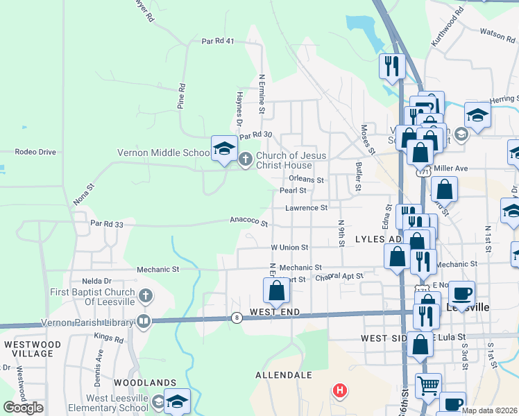 map of restaurants, bars, coffee shops, grocery stores, and more near 998 Lawrence Street in Leesville
