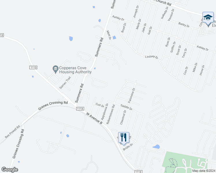 map of restaurants, bars, coffee shops, grocery stores, and more near 303 Janelle Drive in Copperas Cove