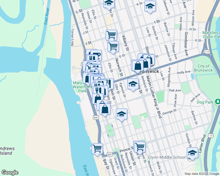 map of restaurants, bars, coffee shops, grocery stores, and more near 1415 Union Street in Brunswick
