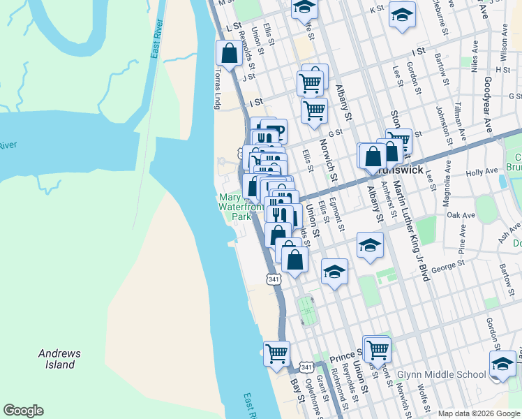 map of restaurants, bars, coffee shops, grocery stores, and more near 201 Gloucester St in Brunswick