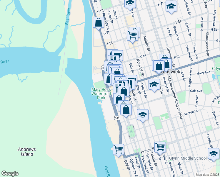 map of restaurants, bars, coffee shops, grocery stores, and more near 201 Gloucester Street in Brunswick
