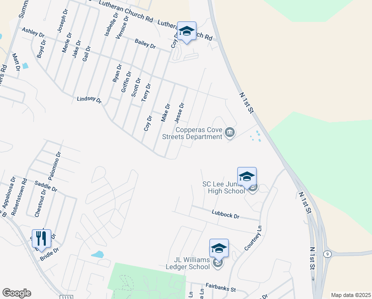 map of restaurants, bars, coffee shops, grocery stores, and more near 1812 Jesse Drive in Copperas Cove