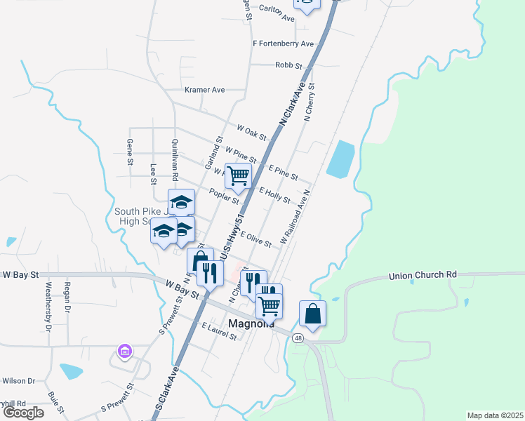 map of restaurants, bars, coffee shops, grocery stores, and more near 515 North Cherry Street in Magnolia