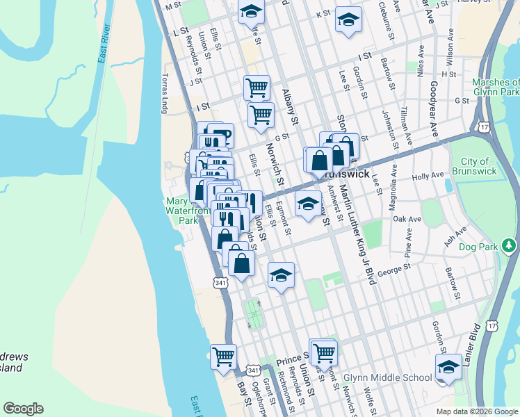 map of restaurants, bars, coffee shops, grocery stores, and more near 1415 Union Street in Brunswick