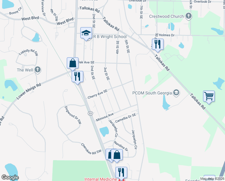 map of restaurants, bars, coffee shops, grocery stores, and more near 2008 3rd Street Southeast in Moultrie