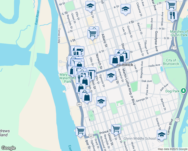 map of restaurants, bars, coffee shops, grocery stores, and more near 1415 Union Street in Brunswick