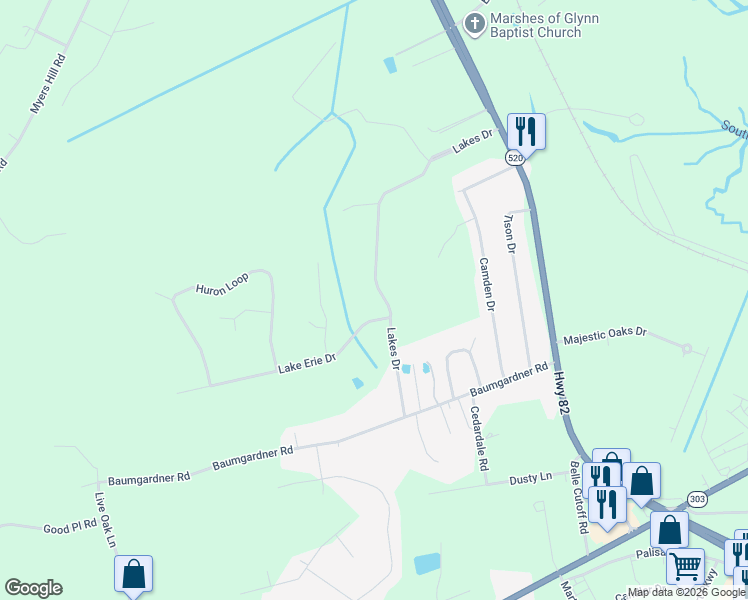 map of restaurants, bars, coffee shops, grocery stores, and more near 212 Lakes Drive in Brunswick